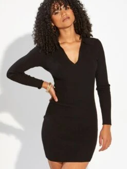 Pour Moi Eva Rib Knit V-Neck Collar Mini Dress - Black