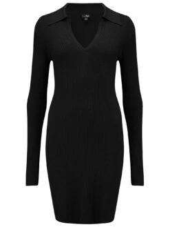 Pour Moi Eva Rib Knit V-Neck Collar Mini Dress - Black -Modish Muse 100B5 SQ4 0000000004 BLACK MDd