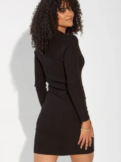 Pour Moi Eva Rib Knit V-Neck Collar Mini Dress - Black -Modish Muse 100B5 SQ5 0000000004 BLACK MDd1