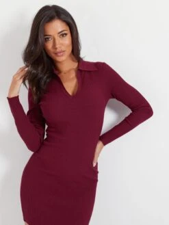Pour Moi Eva Rib Knit V-Neck Collar Mini Dress - Dark Purple