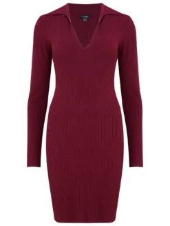 Pour Moi Eva Rib Knit V-Neck Collar Mini Dress - Dark Purple -Modish Muse 1081U SQ4 0000000213 DARK PURPLE MDd