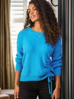 Pour Moi Ada Ruche Front Knit Jumper - Blue