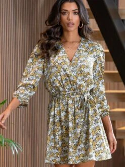 Pour Moi Millie Faux Wrap Woven Satin Dress - Light Multi