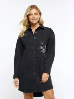 River Island Black Embellished Mini Shirt Dress