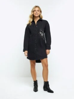 River Island Black Embellished Mini Shirt Dress -Modish Muse 112H6 SQ3 0000000020 BLUE MDo