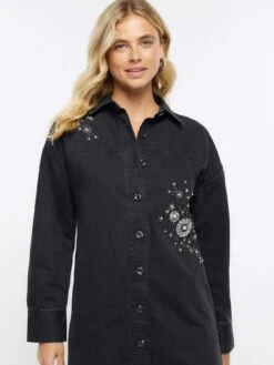 River Island Black Embellished Mini Shirt Dress -Modish Muse 112H6 SQ4 0000000020 BLUE MDd