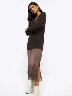 River Island Satin Jumper Midi Dress 10 River Island Satin Jumper Midi Dress -Modish Muse 1130M SQ4 0000000143 BROWN MDd