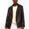 River Island Faux Leather Oversized Biker Jacket -Modish Muse 1138H SQ1 0000000143 BROWN MDf