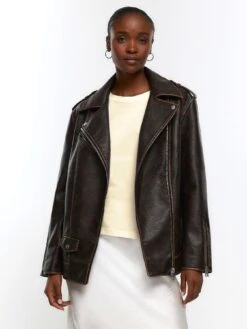 River Island Faux Leather Oversized Biker Jacket