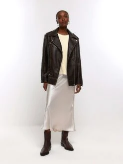 River Island Faux Leather Oversized Biker Jacket -Modish Muse 1138H SQ3 0000000143 BROWN MDo