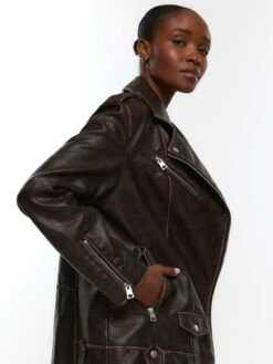 River Island Faux Leather Oversized Biker Jacket -Modish Muse 1138H SQ4 0000000143 BROWN MDd