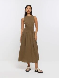 River Island Shirred Waist Skater Midi Dress -Modish Muse 113BU SQ3 0000000058 KHAKI MDo