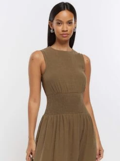 River Island Shirred Waist Skater Midi Dress -Modish Muse 113BU SQ4 0000000058 KHAKI MDd