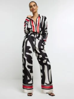 River Island Border Print Palazzo Wide Leg Trousers -Modish Muse 113J6 SQ3 0000000017 RED MDo