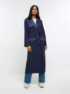 River Island Satin Longline Duster Coat - Blue -Modish Muse 113QD SQ3 0000000020 BLUE MDo