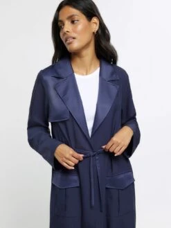 River Island Satin Longline Duster Coat - Blue -Modish Muse 113QD SQ4 0000000020 BLUE MDd