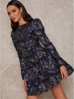 Chi Chi London Long Sleeve Jacquard Mini Dress - Navy -Modish Muse TKVQV SQ4 0000000048 NAVY MDd
