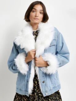 River Island Faux Fur Denim Trucker Jacket - Mid Denim