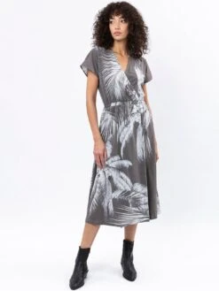 Religion Short Sleeve Palm Print Wrap Midi Dress - Grey