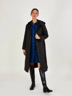 Monsoon Quinn Quilted Hooded Long Co - Black