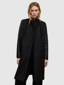 AllSaints Sidney Leather Sleeve Coat - Black