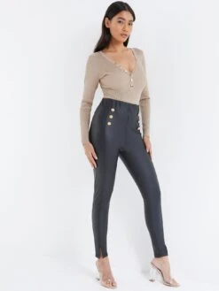 Quiz High Waisted Button Leggings - Black 10 Quiz High Waisted Button Leggings - Black -Modish Muse VALDJ SQ3 0000000004 BLACK MDo