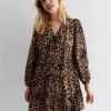 New Look Brown Leopard Print Button Front Tiered Long Sleeve Mini Dress -Modish Muse VARUJ SQ1 0000000270 PRINT MDf