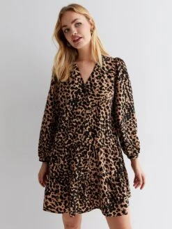 New Look Brown Leopard Print Button Front Tiered Long Sleeve Mini Dress