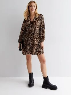 New Look Brown Leopard Print Button Front Tiered Long Sleeve Mini Dress -Modish Muse VARUJ SQ3 0000000270 PRINT MDo