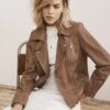 Mint Velvet Tan Casual Leather Jacket -Modish Muse VBXAI SQ1 0000000108 BEIGE MDf