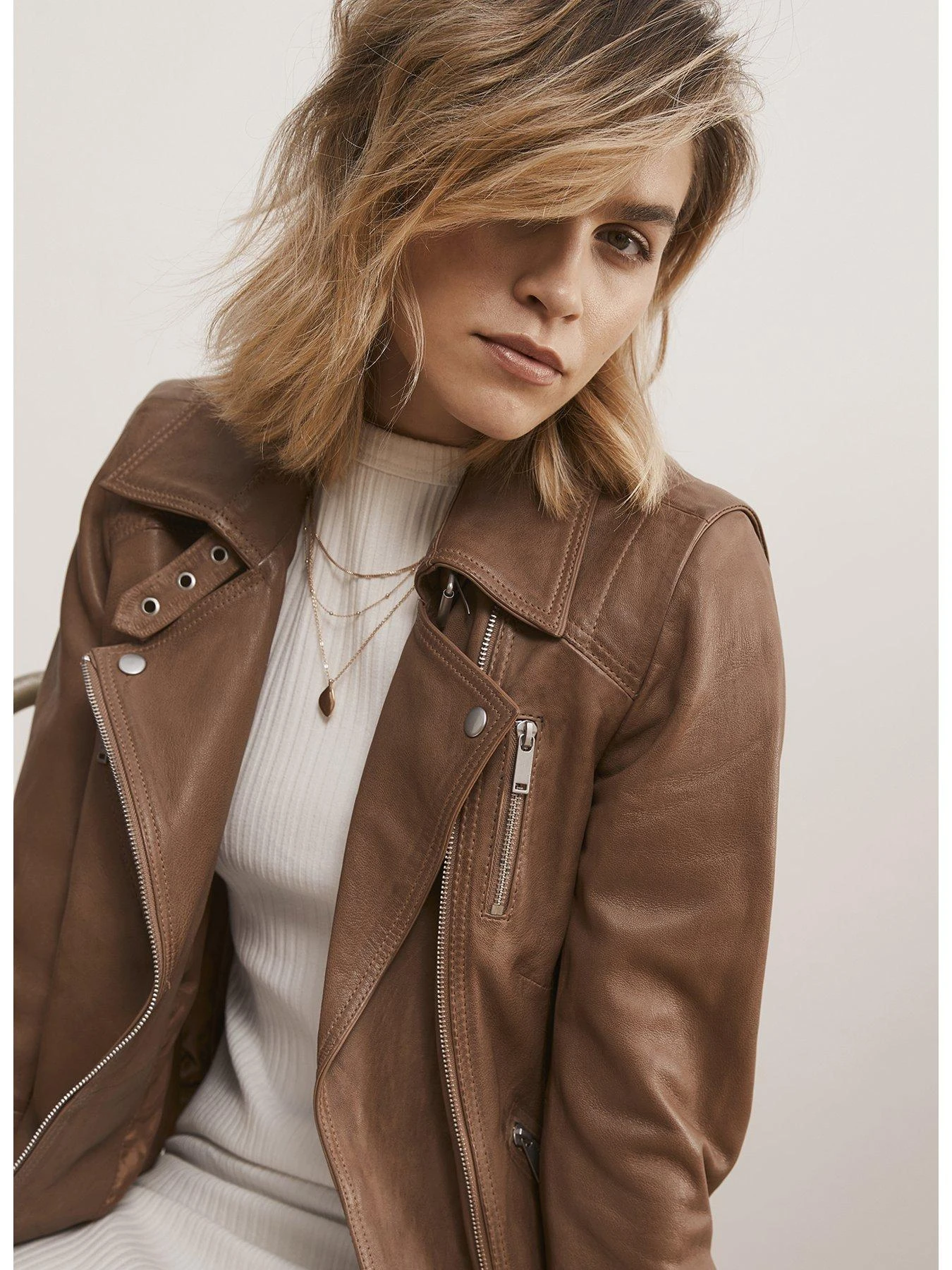 Mint Velvet Tan Casual Leather Jacket 6 Mint Velvet Tan Casual Leather Jacket - Image 4