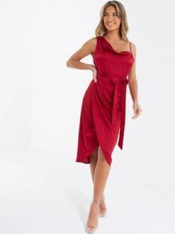 Quiz Satin One Shoulder Midi Dress - Dark Red