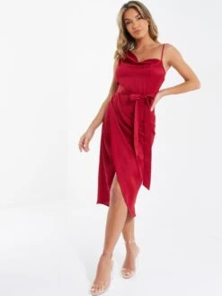 Quiz Satin One Shoulder Midi Dress - Dark Red -Modish Muse VCG1C SQ3 0000000315 DARK RED MDo
