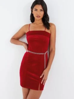 Quiz Velvet Diamante Mini Dress - Red