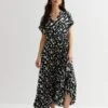 New Look Abstract Satin Short Sleeve Pleated Midi Wrap Dress - Black -Modish Muse VD19J SQ1 0000000292 BLACK MULTI MDf