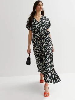 New Look Abstract Satin Short Sleeve Pleated Midi Wrap Dress - Black -Modish Muse VD19J SQ3 0000000292 BLACK MULTI MDo