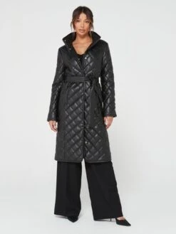V By Very Faux Leather Diamond Quilt Longline Coat - Black