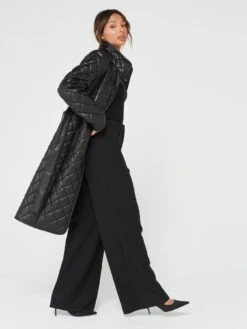 V By Very Faux Leather Diamond Quilt Longline Coat - Black -Modish Muse VDDC9 SQ3 0000000004 BLACK MDo