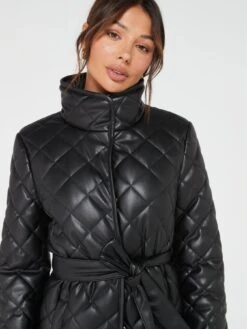 V By Very Faux Leather Diamond Quilt Longline Coat - Black -Modish Muse VDDC9 SQ4 0000000004 BLACK MDd