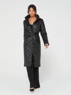 V By Very Faux Leather Diamond Quilt Longline Coat - Black -Modish Muse VDDC9 SQ6 0000000004 BLACK MDd2