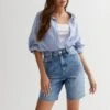 New Look Blue Denim Raw Hem High Waist Bermuda Shorts -Modish Muse VDO6B SQ1 0000000020 BLUE MDf