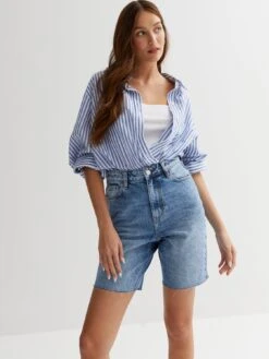 New Look Blue Denim Raw Hem High Waist Bermuda Shorts