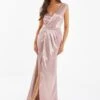 Quiz Satin Wrap Split Leg Maxi Dress - Pink