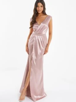 Quiz Satin Wrap Split Leg Maxi Dress - Pink