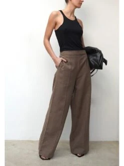 Religion Wide Leg Linen Studded Trim Trousers - Brown -Modish Muse VF4VR SQ6 0000000143 BROWN MDd2