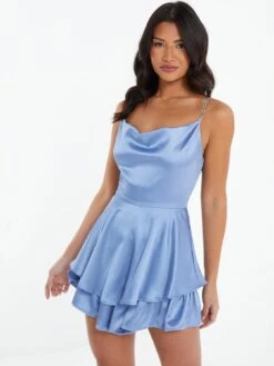 Quiz Satin Diamante Frill Playsuit - Light Blue