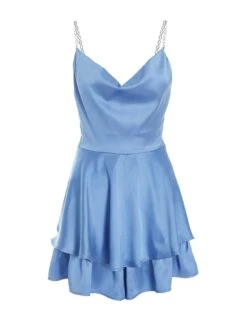 Quiz Satin Diamante Frill Playsuit - Light Blue -Modish Muse VFE1X SQ4 0000000150 LIGHT BLUE MDd