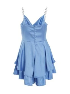 Quiz Satin Diamante Frill Playsuit - Light Blue -Modish Muse VFE1X SQ5 0000000150 LIGHT BLUE MDd1