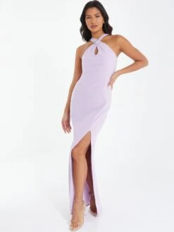 Quiz Halter Neck Diamante Maxi Dress - Light Purple