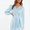 Quiz Satin Jacquard Wrap Mini Dress - Light Blue